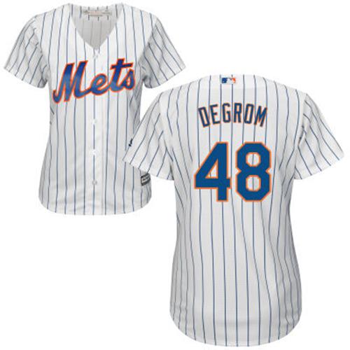 Mets #48 Jacob deGrom White(Blue Strip) Home Women's Stitched MLB Jersey - Click Image to Close